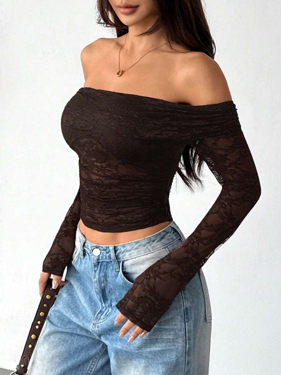 SHEIN PETITE Sexy See-Through Lace Splicing Off Shoulder Long Sleeve T-Shirt For Romantic Valentine's Day Date,Ladies Sexy Ruched,Sheer Regular Sleeve Off The Shoulder Slim Fit Coffee Brown Plain Women Tops,Spring/Fall,Casual Daily Wear - Brown - View 1