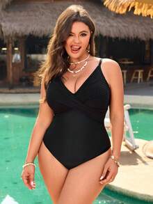 Swim Vcay 大码条纹交叉前开衩连体泳衣，适合夏季海滩度假 - 黑色 - 查看 3