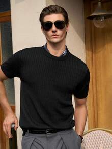 Manfinity CityGents Men's Solid Color Knitted Short Sleeve Top - Black - View 3