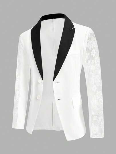 HIMLAND Men's Business Commuter Contrast Color Shawl Collar Floral Embroidery Patchwork Suit Jacket, Men's White Blazer With Lace Sleeves, Black Peak Lapel White Tuxedo Jacket, Fashion Floral Embroidery Sheer Sleeve Blazer, Slim Fit Party Prom Dinner Jacket For Men, Stylish Stage Performance Blazer Men, Men's Casual Wedding Groom Suit Jacket, Men's Fashion Lace Sleeve Blazer - White Contrast Peak Lapel Slim Fit Suit Jacket - Floral Hollow Out Tuxedo For Prom Party Wedding, Men's White Blazer With Sheer Floral Lace Sleeves & Contrast Black Lapels