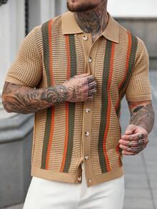 Manfinity Homme Men's Striped Short Sleeve Single-Breasted Casual Lightweight Cardigan Mens Stripe Shirt Men Knitted Button Up Crochet Men Shirt Apricot Shirt For Men Men Retro Shirt - Multicolor - View 6