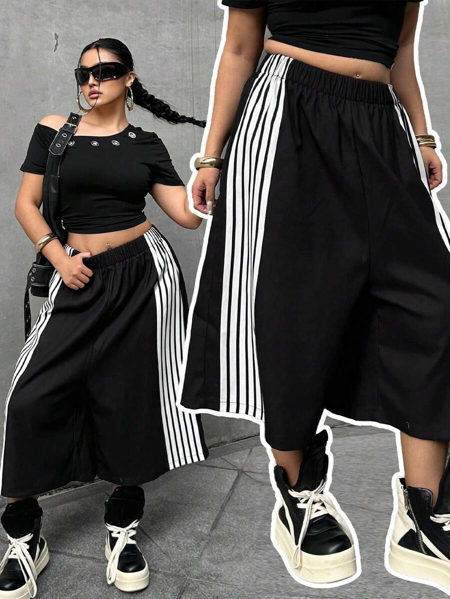 POPSWAY 大码女式休闲条纹印花阔腿七分裤 - 黑與白 - 查看 1