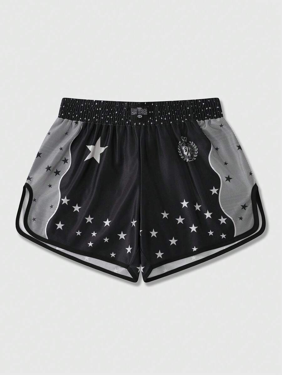 ROMWE MEN Men's Elastic Waist Casual Shorts With Star Print - Black - View 1