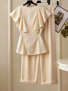 GlowEve CURVE Plus Size Women's New 2-Piece Set, V-Neck Chiffon Ruffle Tie Bow Blouse And Loose Pants, Spring/Summer - Apricot - View 2