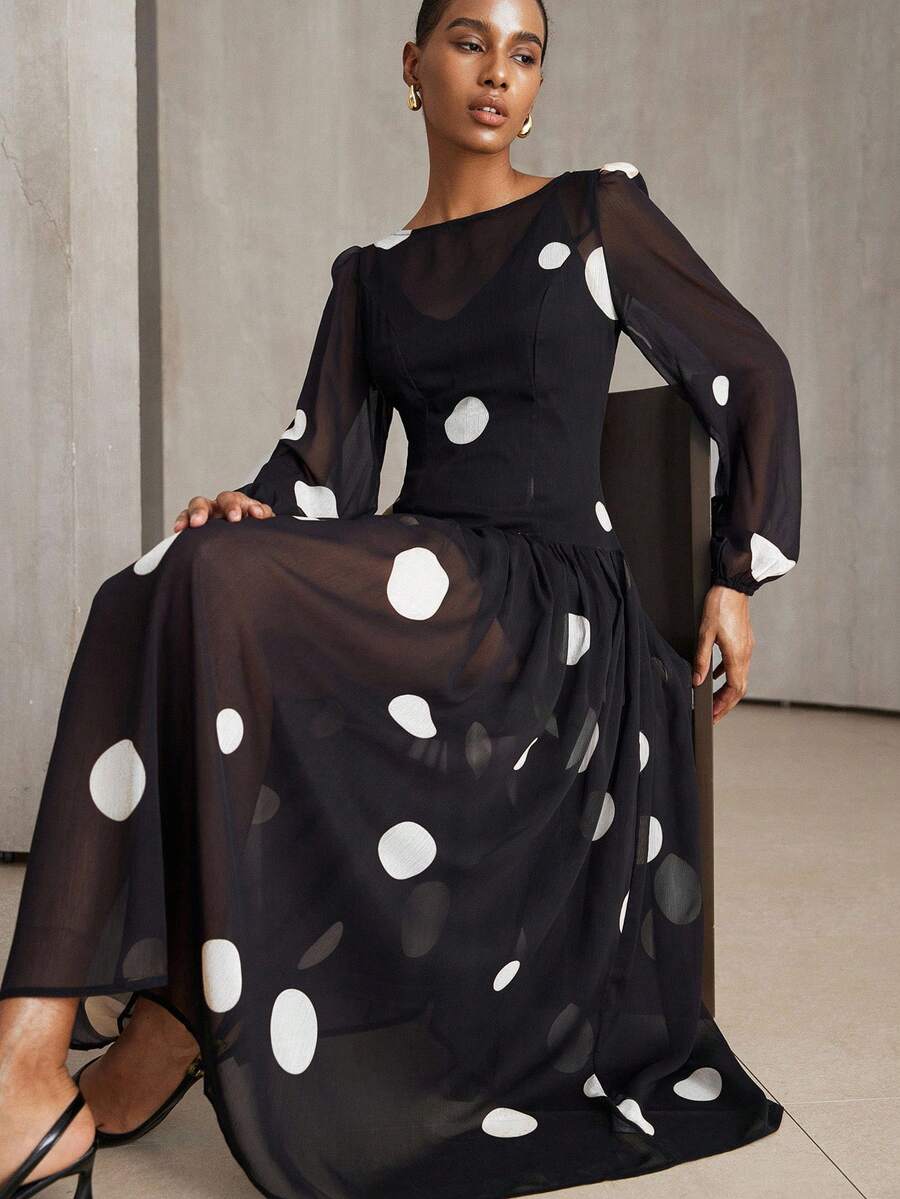 Aveloria Modichic 优雅雪纺波点复古轻盈长袖连衣裙 - 黑色 - 查看 1