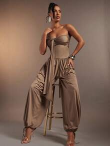 Hauture 女士性感单肩垂褶交叉前襟针织无袖抽绳下摆连体裤 - 咖啡棕 - 查看 3