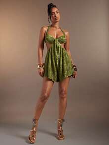 Hauture Women's Sexy Pleated Halter Backless Romper - Olive Green - View 3