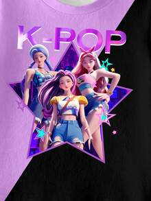 2件套少女休闲时尚创意个性清新简约虚拟少女组合图案紫色格子五角星紫色斜拼接黑色标语印花休闲短袖T恤和喇叭裤套装，舒适日常穿着，适合春、夏、秋季穿着。 - 彩色 - 查看 6