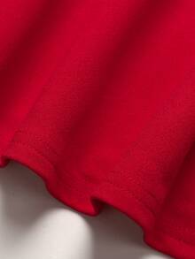 SHEIN Girlism 少女优雅网纱拼接纯色收腰A字连衣裙 - 紅色 - 查看 4