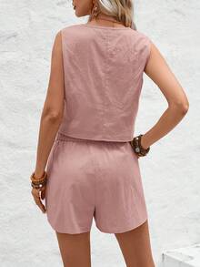 Wildy BOHO Women's V-Neck Button Front Vest Shirt With A-Line Hem Shorts, Cotton Washed Casual Vacation 2-Piece Set - Baby Pink - View 2