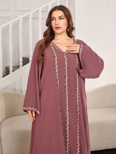 Al Najma Elegant, Luxurious, High-End, Loose Fit, Party Wear Long Sleeve Dress With Decorative Details For Plus Size Women