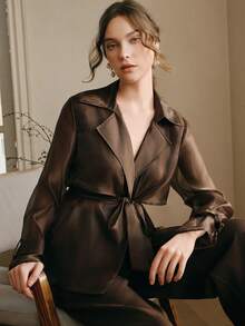 Anewsta 摩卡棕色时尚翻领系腰带修身短款夹克，百搭显瘦长袖，春夏款 - 摩卡棕 - 查看 7