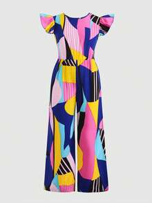SHEIN Tween Girl Vacation Geometric Striped Print Cap Sleeve Backless Bow Jumpsuit - Multicolor - View 3