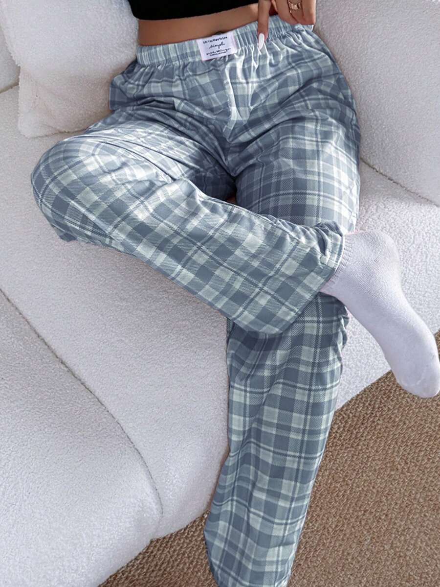 Dream Adore Quần pajama nữ màu hồng kẻ caro dáng suông, cạp chun, kiểu dáng thường ngày. - Màu xanh lam - Xem 1