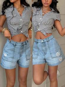 StreetHx Fashionable Casual Street Style Patch Pocket Low Waist Loose Denim Shorts - Light Wash - View 1