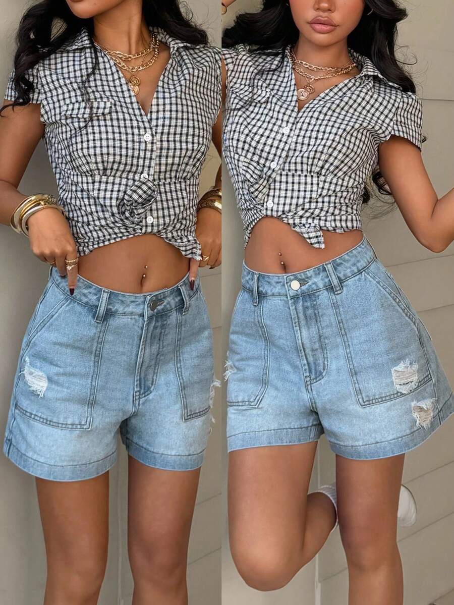 StreetHx Fashionable Casual Street Style Patch Pocket Low Waist Loose Denim Shorts - Light Wash - View 1