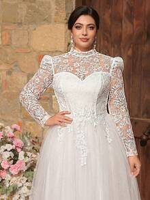 Aureia 大码优雅浪漫白色立领泡泡袖薄纱奢华刺绣网纱拼接A字婚礼宾客礼服 - 白色 - 查看 6