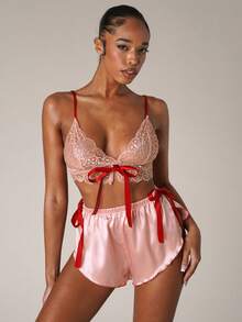 SHEIN BAE Lace Cami Top & Tie Side Shorts PJ Set - Baby Pink - View 3