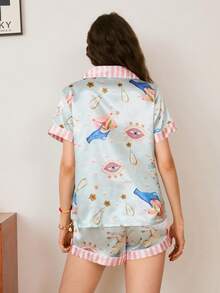 Young Fashion High-End Abstract Light Blue & Pink-White Striped Front Open 2 Pieces Women Pajama Set - Multicolor - View 2