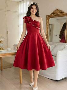 少女优雅奢华红色3D蝴蝶结串珠腰部A字中长连衣裙，适合派对、晚宴、正式场合，红色连衣裙，情人节。 - 紅色 - 查看 7