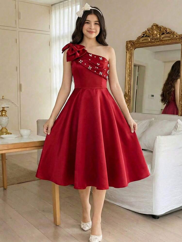 Teen Girl's Elegant Luxurious Red 3D Bowknot Beaded Waist Flared Midi Dress, Suitable For Parties, Galas, Short Formal Dress, Red Dress, Valentine's Day, Teen Elegant Dress, Teen Banquet Dress, Burgundy Young Girls Formal Dress,Kids - Red - View 7