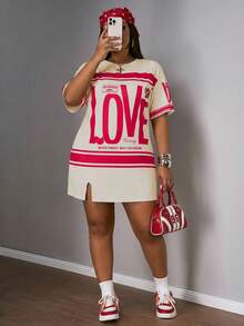 Slaydiva Đầm ngắn tay màu hồng xẻ tà bên hông, dáng suông, cỡ lớn, thích hợp cho kỳ nghỉ xuân sớm, kiểu dáng thường ngày, dành cho người có thân hình đầy đặn. - Màu Hồng Tươi - Xem 3