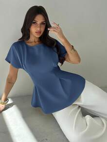 Firerie 女士优雅通勤度假复古风毕业季日常百搭杏黄色竹纹面料圆领短袖收腰X型修身衬衫，夏季 - 霧霾藍 - 查看 6