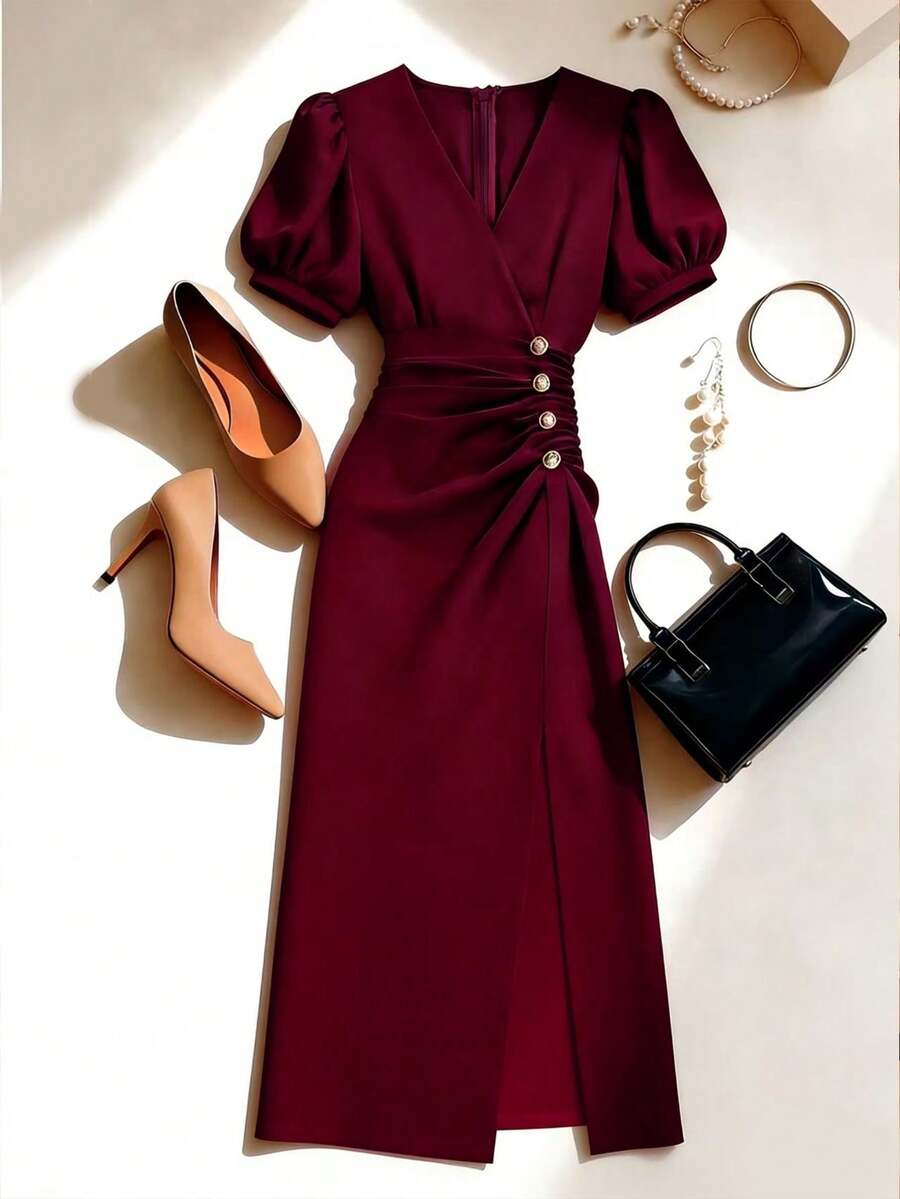 Franclia Women's French Minimalist Style, Woven Solid Burgundy, Romantic Date Dress, Crossover V-Neck, Puff Sleeves, Pleated Waist, Slit, Elegant Women's Dress, Women's Wedding Guest Dress, Bridesmaid Dress, Elegant Party Dress, Valentine's Day Date Dress, Valentine's Day Outfit, Red Dress, Summer Dress, Women's Long Summer Dress, Valentine's Day, Valentine's Day Clothing, Valentine's Day Outfit, New Summer Women's Dressgraduation Season Attire, Fashionable Casual Commuter Wear, Business Office Wear, Versatile And Stylish Everyday Casual Wear, Urban Teacher's Professional Attire - Burgundy - View 1