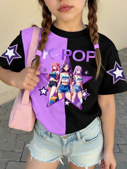 Young Girls' Casual Fashionable Creative Personalized Refreshing Cute Simple Cool Virtual Girl Group Colorful Pentagram Star Light Purple And Black Graphic Print Basic Short T-Shirt, Comfortable Daily Wear, Suitable For Spring, Summer And Autumn