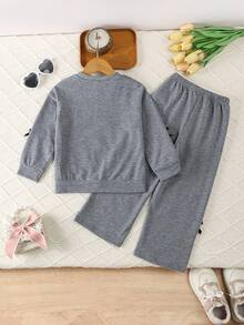 Genkimix Kids 2pcs/Set Purple Bowknot Sweatshirt Outfit For Young Girl4-7 Years Old, Casual Sports Suit, Autumn - Dark Grey - View 2