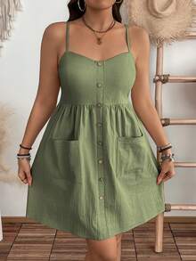 EMERY ROSE Plus Size Casual Daily Summer Pure Cotton Textured Fabric Pocket Waist Midi Strap Dress - Green - View 5