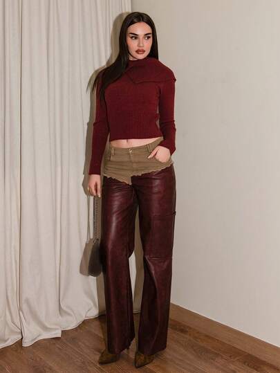 Bris Aura Maglione a collo alto bordeaux a maniche lunghe aderente da donna, autunno/inverno