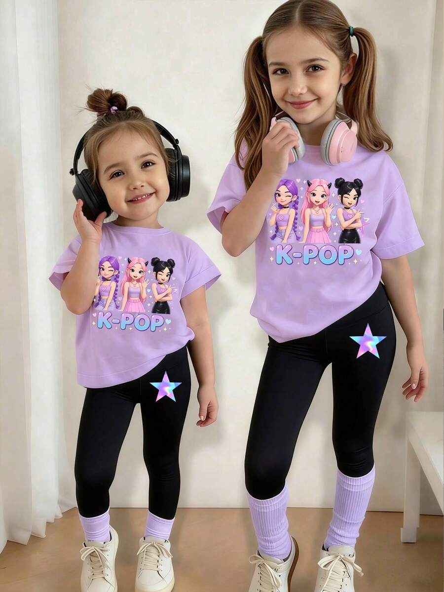 SHEIN 春夏秋季少女休闲时尚创意个性清新简约虚拟少女组合彩色爱心星星图案字母标语印花舒适基础款短袖T恤和打底裤套装，温暖的夏秋风格，适合春、夏、秋季穿着。 - 彩色 - 查看 1