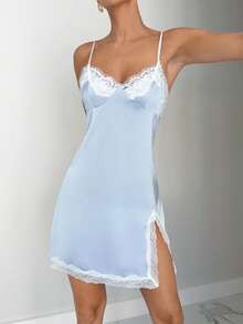 Siren Gaze Women's Summer Contrast Lace Side Slit Camisole Mini Dress - Baby Blue - View 5