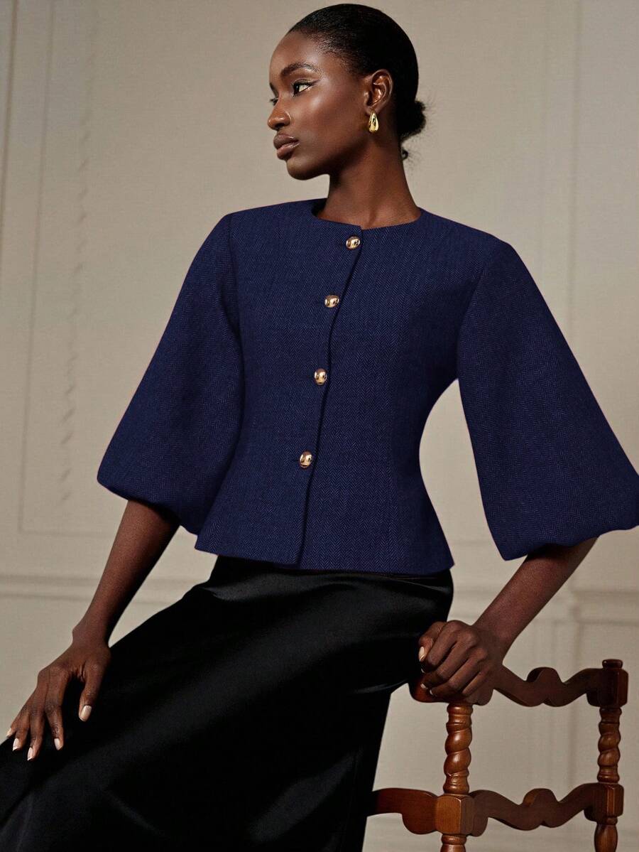 Aveloria Modichic Elegant French Retro Romantic Luxury High-End Design Herringbone Round Neck 3/4 Petal Sleeve Cinched Cinched Waist Metal Button Women's Blazer - Blue - View 1