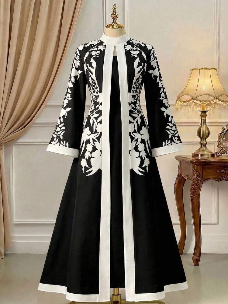 Rometta Plus Size Women's 1-Piece Elegant Vacation Style Printed Mock Neck Flare Sleeve Slim Fit Dress - Multicolor - View 1