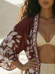 CAJUNI Women's Floral Print Open Front Kimono Beach Cover Up - Brown - View 3