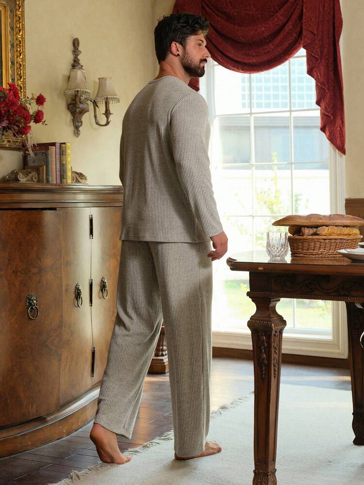 Men's Ribbed Texture Fabric Grey Casual Loungewear Set, Spring/Summer