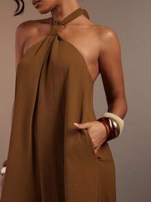 Hauture Women's Sexy Solid Color Backless Halter Neck Loose Jumpsuit - Camel - View 6