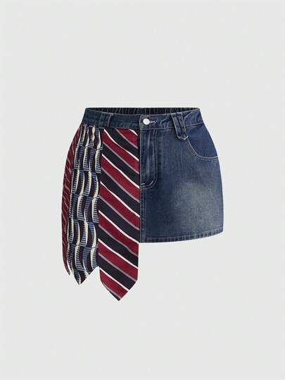 ROMWE Avant 大码女式拼接彩色口袋纽扣装饰休闲百搭日常牛仔迷你裙