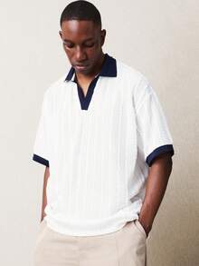 SUMWON Men's Collared Polo Shirt With Contrast Navy Trim Short Sleeve Textured Henley Style Summer Casual Top - White - View 4