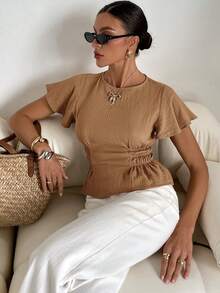 Siren Gaze 女式纹理面料圆领盖袖收腰盖袖衬衫，夏季 - 摩卡棕 - 查看 6