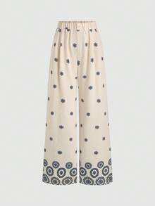 Sweetra Women's Bohemian Style Casual Faux Embroidery Print Wide Leg Straight Pants, Spring/Summer - Blue and White - View 1