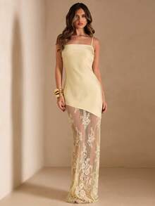 SHEIN BAE Đầm không tay màu vàng trơn bằng vải satin, phối ren xuyên thấu, dành cho mùa xuân/hè, đầm satin vàng, đầm phối ren, đầm thanh lịch. - Màu vàng - Xem 6