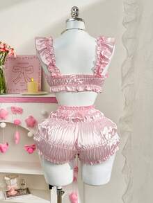 PetitDoll 2件套女士甜美可爱荷叶边吊带背心内衣套装 - 粉色 - 查看 2