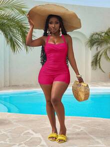 Slaydiva Plus Size Solid Color Halter Backless Fitted Ruched One-Piece Swimsuit, Summer Beach Ruched Swimsuit Women's Swimsuits Tummy Control Women's Swimsuit Halter Swimsuit Women's One Piece Swimsuit - Hot Pink - View 6