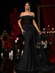 Glamrae Đầm đen sang trọng, thanh lịch, trễ vai, tay dài, đính cườm và sequin hình hoa, dáng đuôi cá co giãn với đường xẻ tà bên hông, thích hợp cho đám cưới, tiệc tùng, dạ hội, cocktail, dạ tiệc tối (đính kết rất cầu kỳ). - màu đen - Xem 4