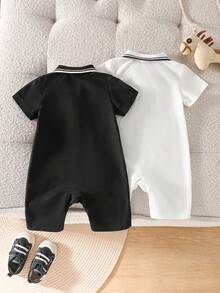 SHEIN 2pcs/Set Infant Toddler Unisex 0-3 Years Baby Boy/Girl Cute Dinosaur Knitted Short Sleeve Romper, Basic Jumpsuit Set, Spring/Summer Baby Boy Clothes Polo Baby Casual Sets Black And White Baby Boy Outfit Baby Boy Summer Sets Baby Boy Short Sleeve Suits Baby Boy Romper For Wedding, Baby Shower, Christening And 1st Birthday Celebration,Festival Gift Sthings For Baby Neutral Baby Clothes Unisex - Multicolor - View 2