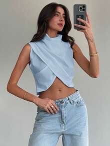 Aloruh Camisa de mujer de cuello alto falso, sin mangas y con bajo asimétrico, para uso diario - Celeste - Ver 4