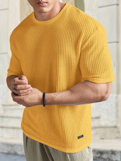 HIMLAND Men's Solid Color Crew Neck Waffle Knit Casual Loose Short Sleeve T-Shirt Men Mesh Top Apricot Men Outfit Mens Crochet Top Knit Tshirt Men Summer Wear For Men